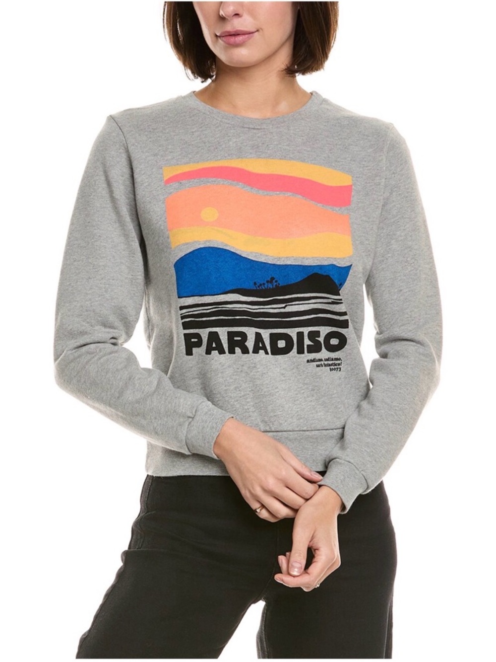 MOTHER Grey 'Paradiso' Graphic Crewneck Sweatshirt with Coral and Blue SunsetNWT